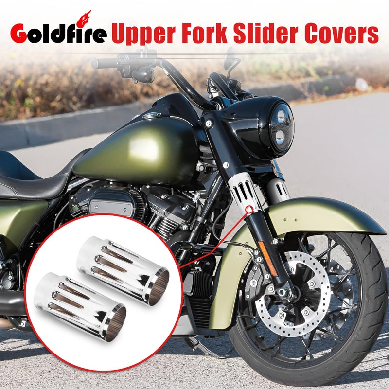 Goldfire Upper Fork Slider Covers Billet Fork Boot Slider Protective Shells Fit For Harley FLT FLHR FLHX FLHT COW Bells Touring Street Glide 1986-2019 Accessorie (Chrome Style) - Image 2